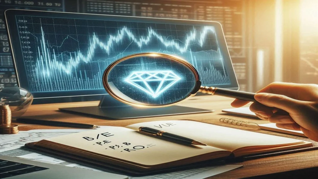 Home 3 PER PBR ROE 뜻을 공부하기 위한 재무제표와 돋보기 이미지, 책상 위에 놓인 재무 분석 문서와 펜, 주식 투자 재무 지표 학습을 상징하는 전문적인 사무실 풍경