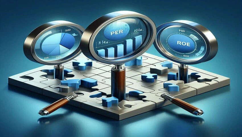 PER PBR ROE를 함께 보는 종합 분석 이미지, 세 개의 돋보기 렌즈로 기업을 다각도에서 분석하는 개념도, 재무 지표 세 가지를 조합하여 기업 가치를 평가하는 방법을 시각화