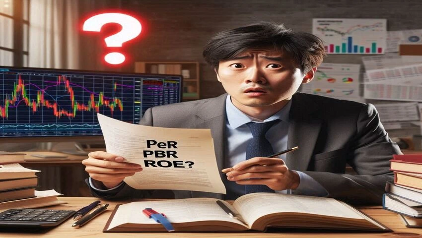 다양한 주가 숫자를 보고 고민하는 투자자 이미지, 7만원 5만원 20만원 등 주가만으로는 비싼지 싼지 판단할 수 없는 상황, PER PBR ROE 없이는 기업 가치 평가가 불가능함을 보여주는 장면