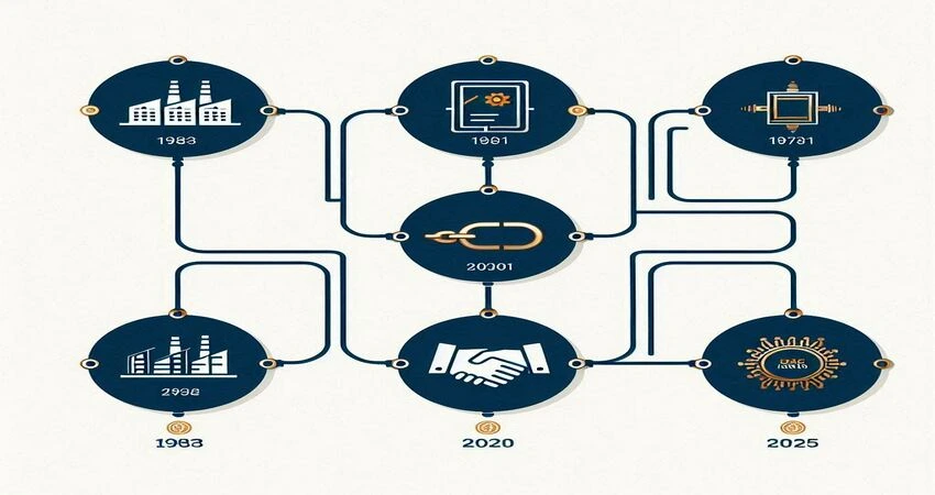 1983년 현대전자 설립부터 2001년 부도 위기,  2012년 SK 인수, 2025년 AI 반도체 1위까지  SK하이닉스 40년 역사를 정리한 타임라인  인포그래픽