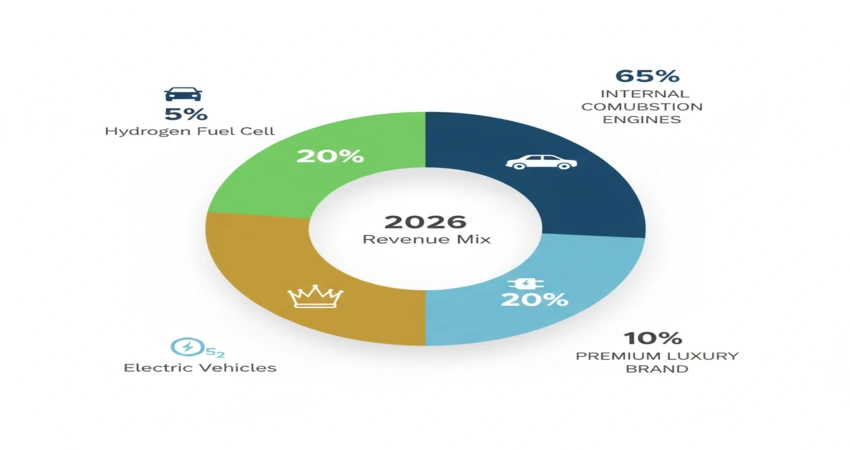 2026년 현대자동차 사업 구조 매출 비중 - 내연기관 65% 전기차 20% 제네시스 10% 수소차 5% 분석 차트