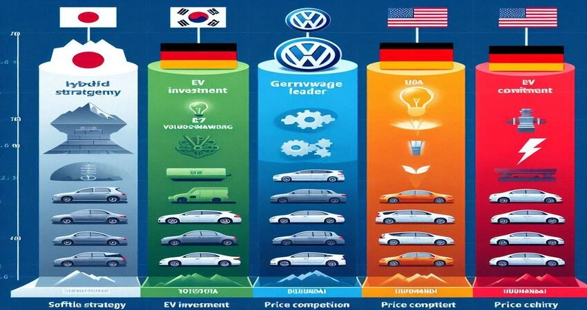 현대자동차와 도요타 폭스바겐 테슬라 BYD 글로벌 5대 자동차 기업 경쟁 전략 및 포지셔닝 비교 인포그래픽